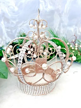 Christmas Decorations Large Rose Gold Crystal Pearl Crown Tree Topper Bauble